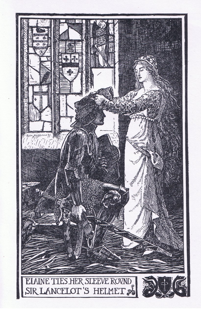 Elaine ties her sleeve around Sir Lancelot