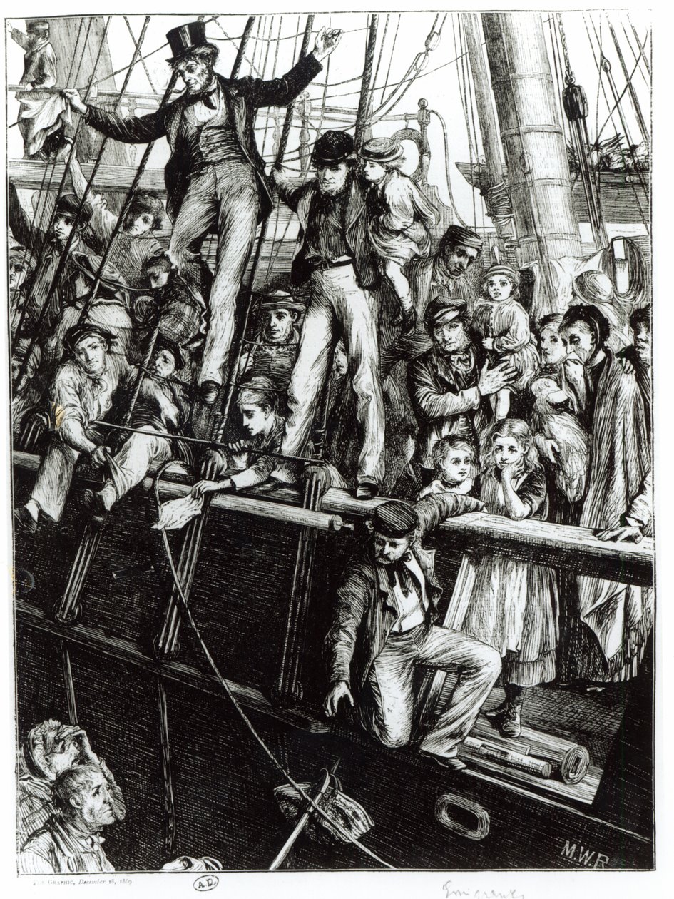 Emigrants Leaving Old England, from the magazine The Graphic, 18th December 1869 by English School
