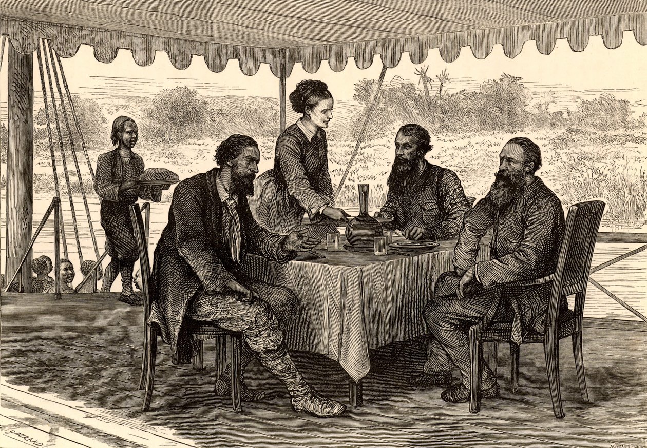 English Explorers John Hanning Speke and James Augustus Grant at Gondokoro, South Sudan, at the End of Their Expedition, Where They Were Met by Samuel and Florence Baker by English School