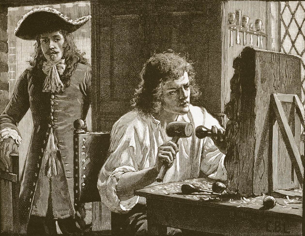 Evelyn discovering Grinling Gibbons, illustration from Cassell