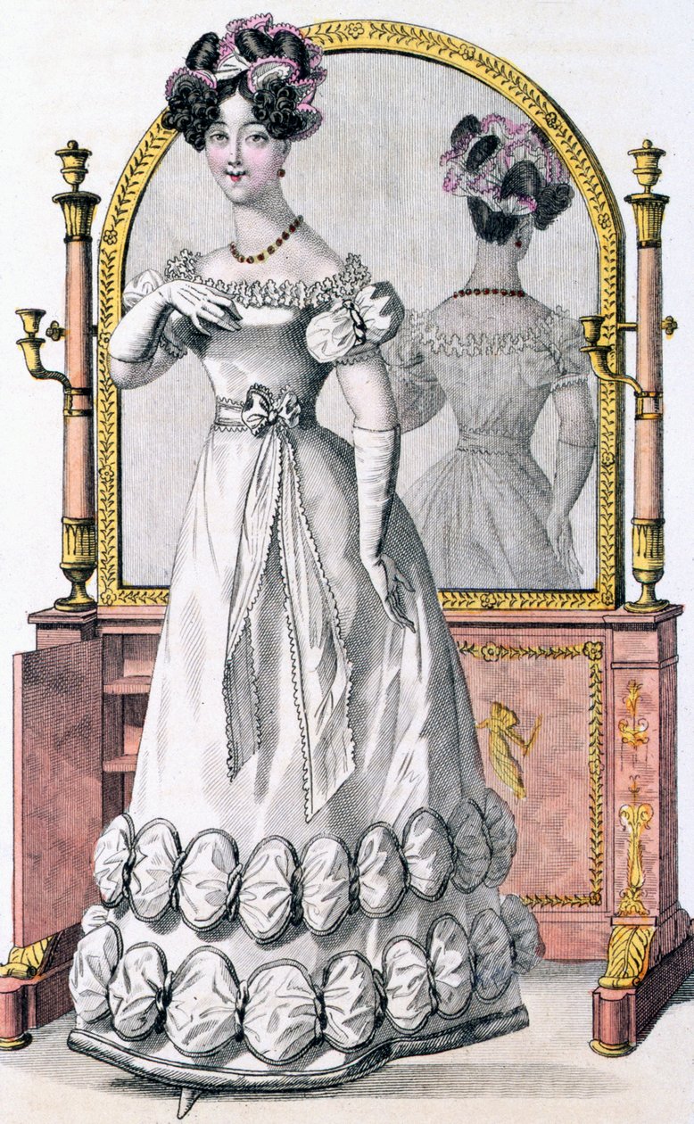 Fashion plate of a lady in evening dress, advertisement from 