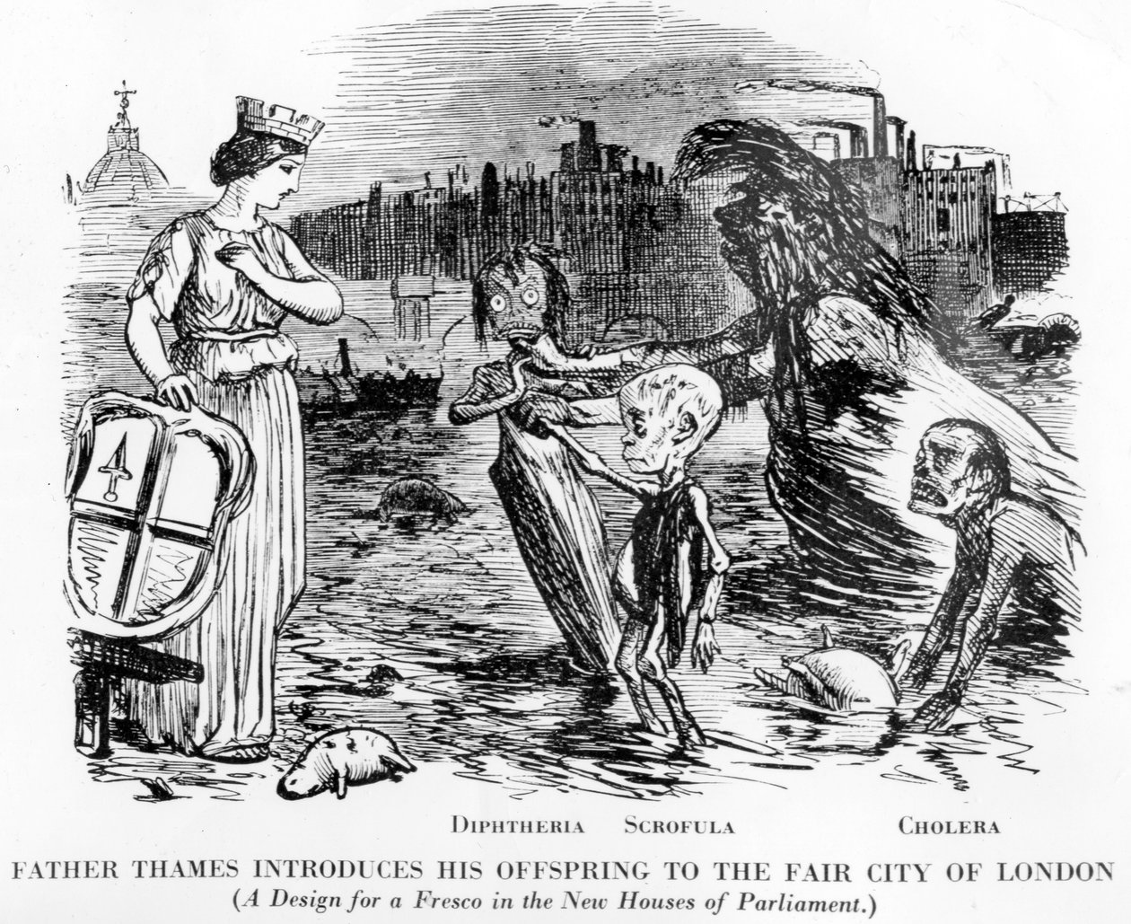 Father Thames Introducing his Offspring to the Fair City of London, the Offspring Being Diphtheria, Scrofula and Cholera by English School