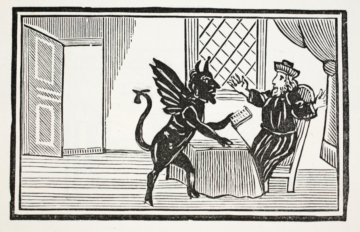 Faustus warned by the Spirit to expect his end, illustration from Chap-books of the Eighteenth Century by John Ashton, pub. 1882 by English School