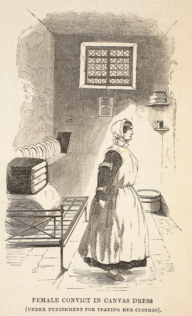 Female convict in canvas dress (under punishment for tearing her clothes), illustration from The Criminal Prisons of London and Scenes from Prison Life by Henry Mayhew and John Binny, pub. 1862 by English School