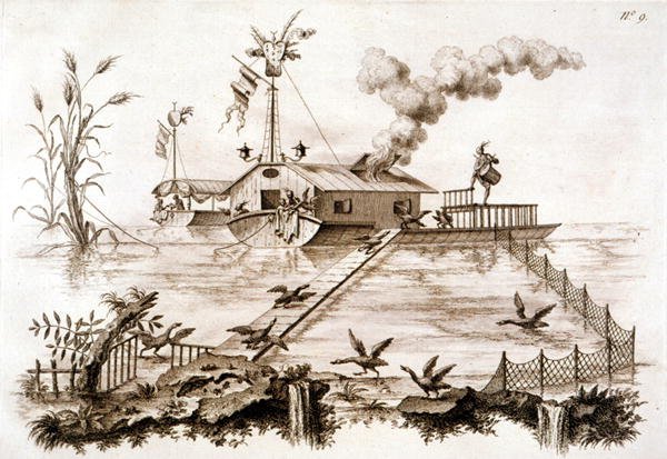 Fishing with Cormorants using a water boat and fenced enclosure, illustration from 
