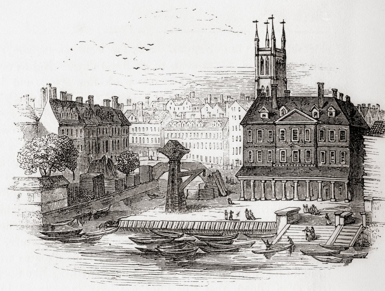 Fleet Ditch, London, England in 1749 at the Point Where it Ran into the Thames at Bridewell, from Old England: A Pictorial Museum, Published 1847 by English School