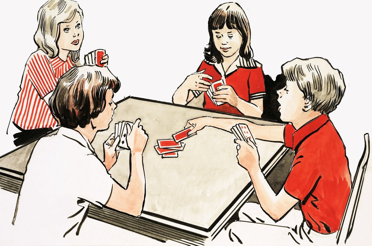 Four children playing cards by English School