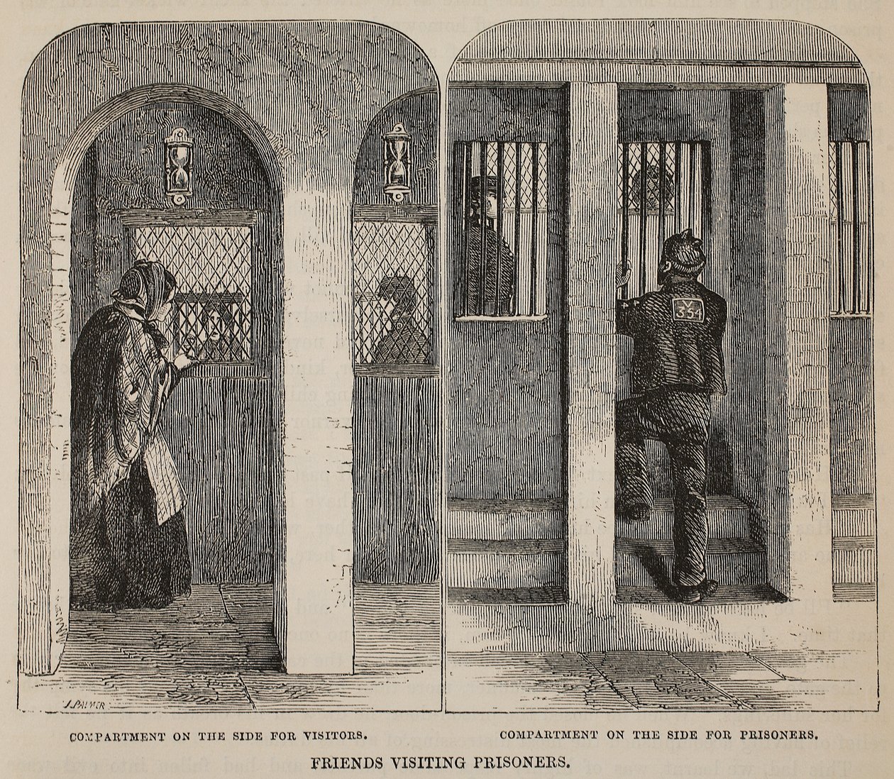 Friends visiting prisoners, illustration from The Criminal Prisons of London and Scenes from Prison Life by Henry Mayhew and John Binny, pub. 1862 by English School