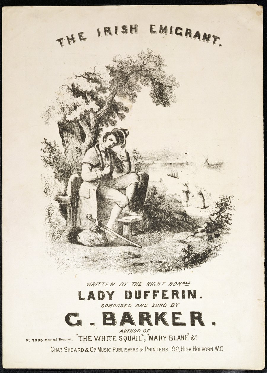 Front cover of music score for The Irish Immigrant, written by Lady Dufferin, composed by G. Barker by English School