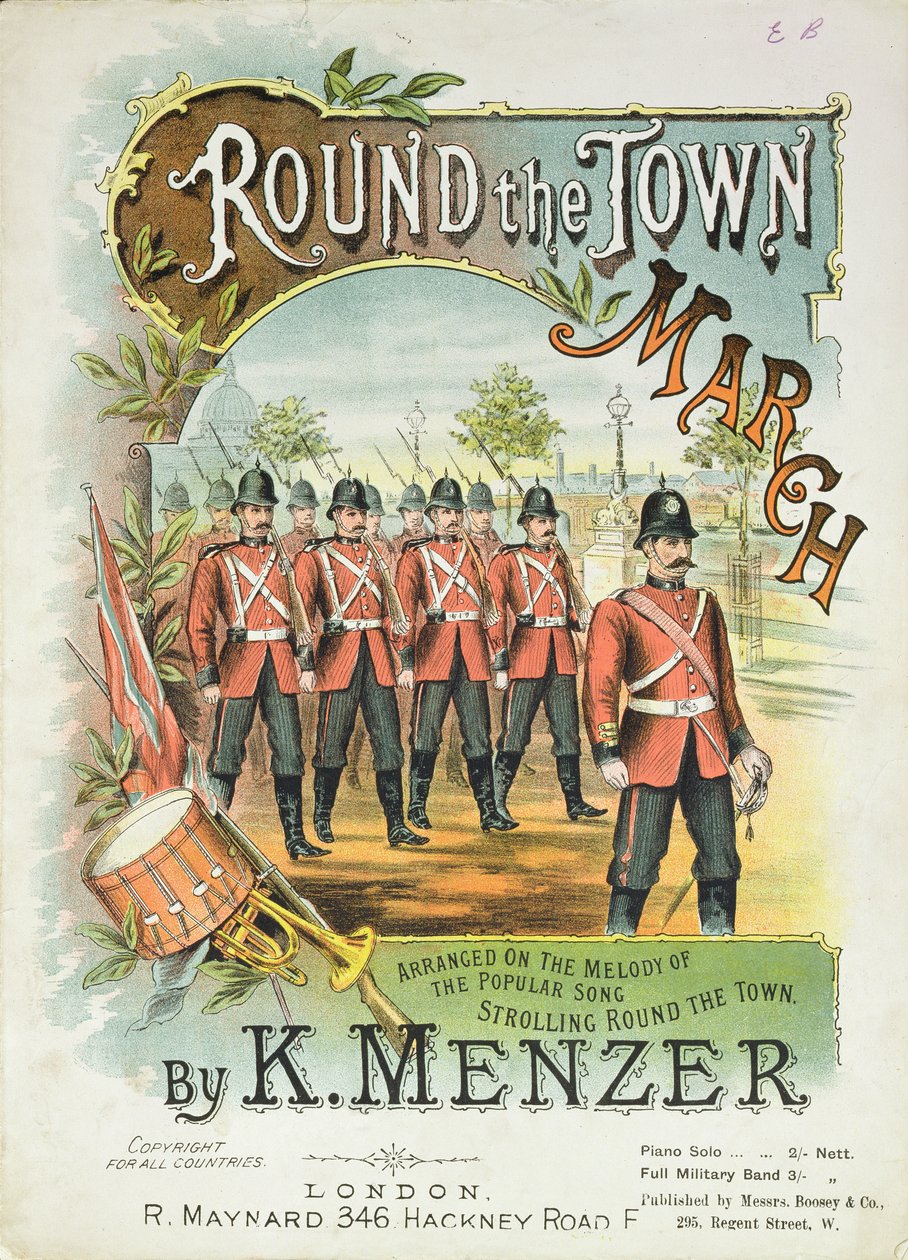 Front cover of the music score for Round the Town March, by K. Menzer by English School