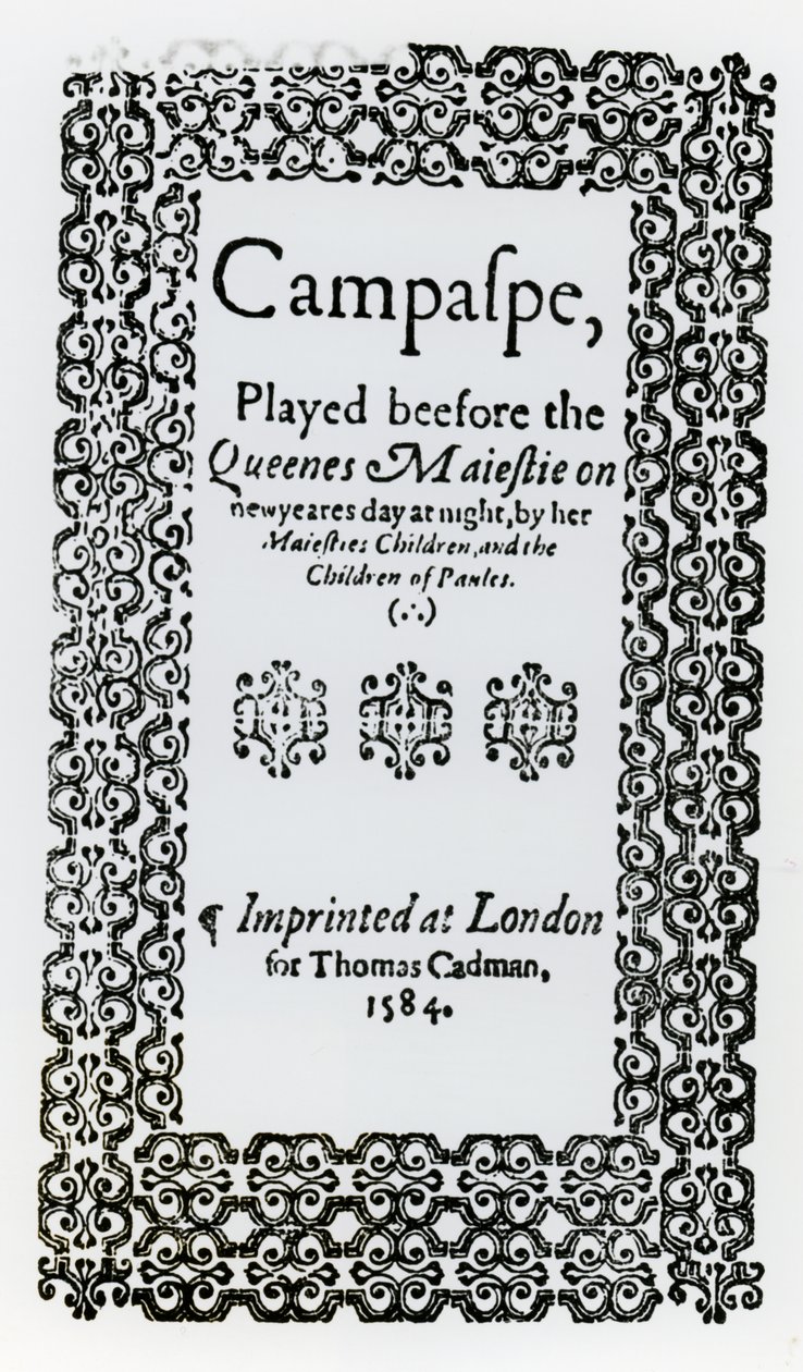 Frontispiece to Campaspe by John Lyly, 1584 by English School