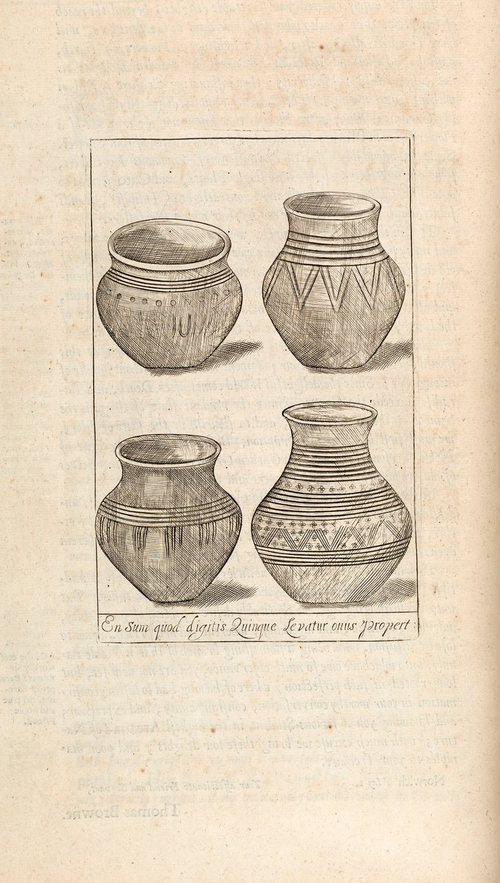 Funerary urns, illustration from Works by Thomas Brown, London 1686 by English School