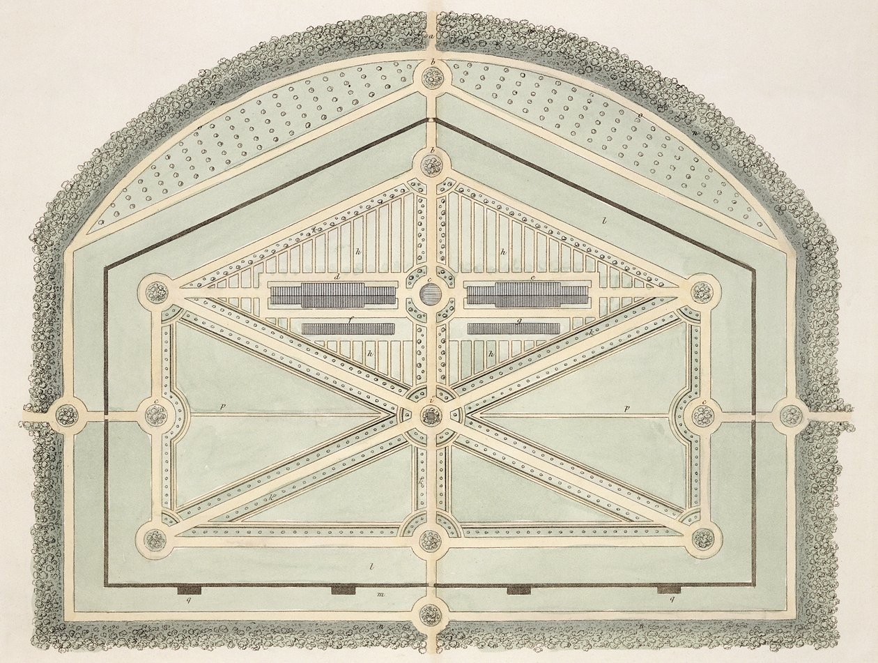 Garden in the Old French Style, from Hints on the Formation of Gardens and Pleasure Grounds by John Claudius Loudon published 1812 by English School