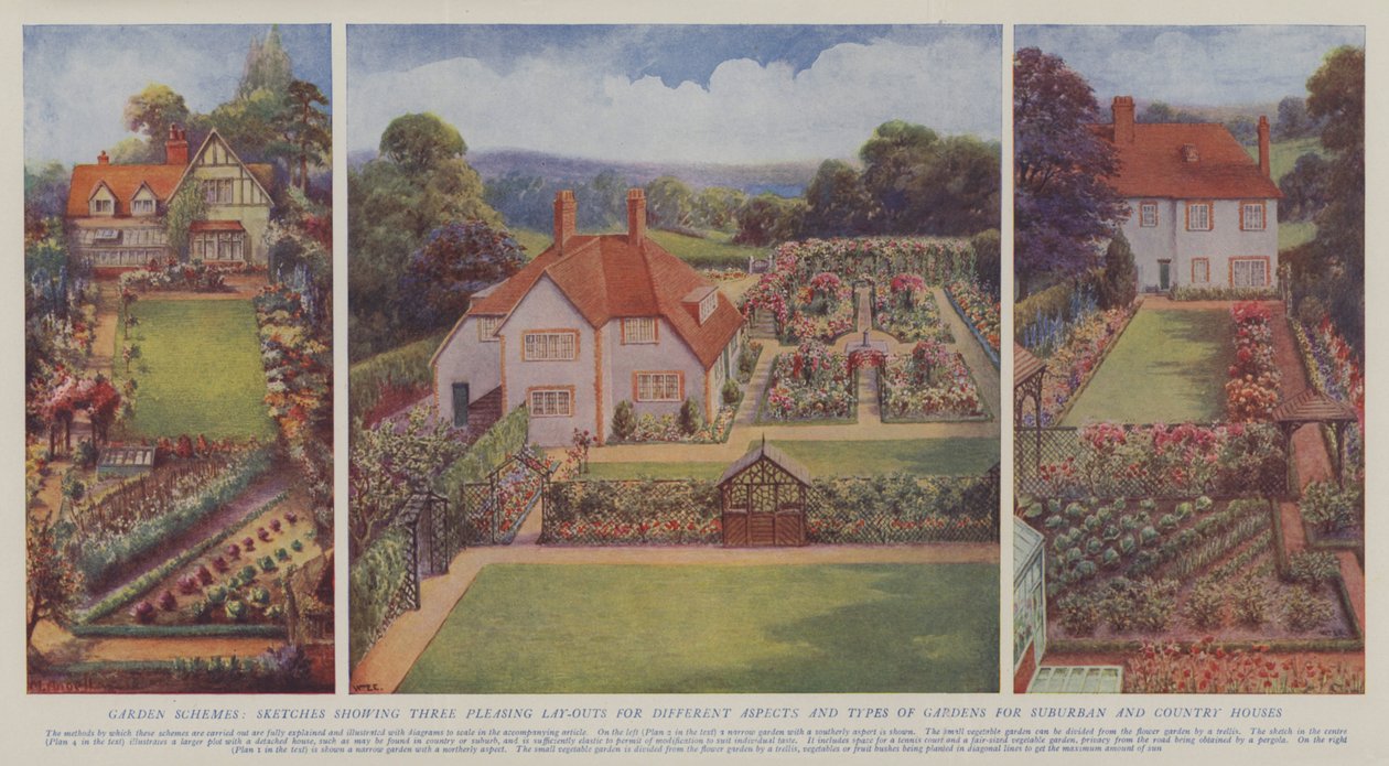 Garden Schemes, Sketches Showing Three Pleasing Layouts for Different Aspects and Types of Gardens for Suburban and Country Houses by English School