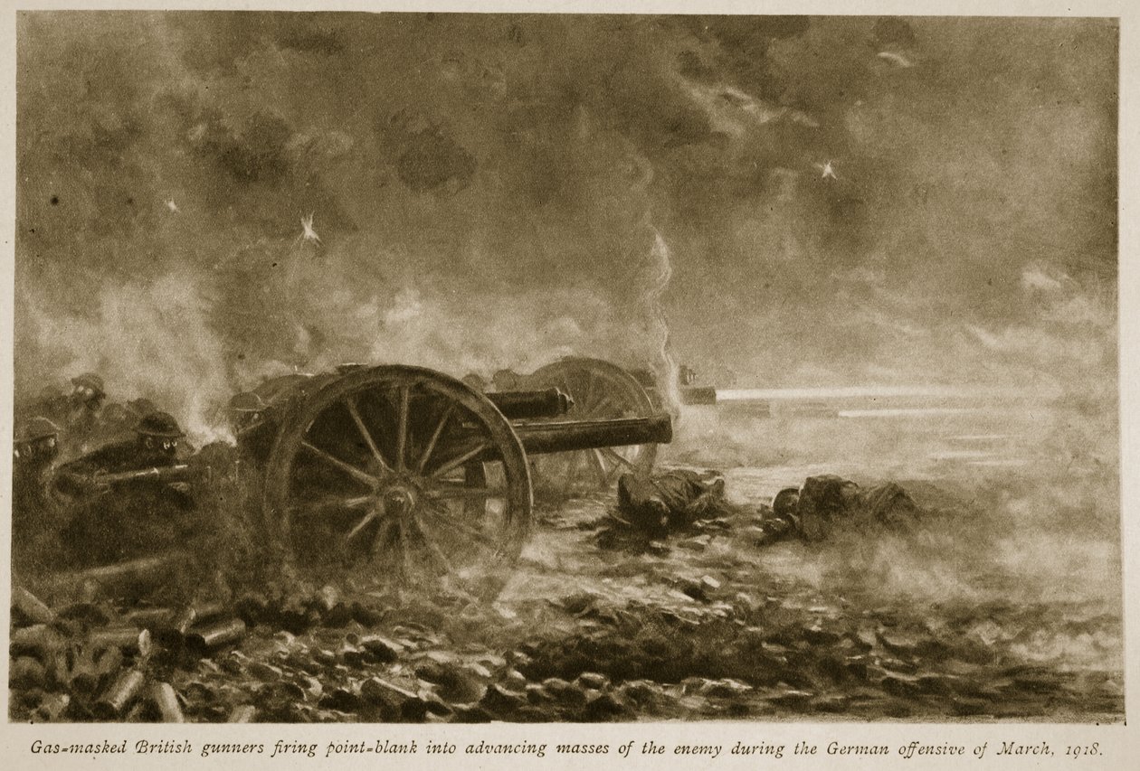 Gas Masked British Gunners Firing Point-Blank into Advancing Masses of the Enemy During the German Offensive of March, 1918 by English School