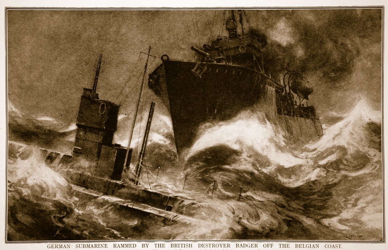 German Submarine Rammed by the British Destroyer Badger off the Belgian Coast by English School