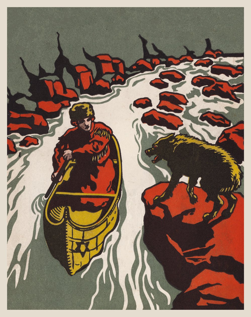 Girl in a Canoe Menaced by a Wolf by English School