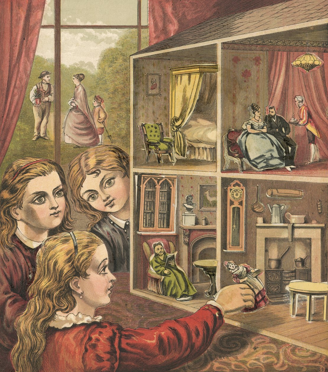 Girls Playing with a Dollhouse by English School