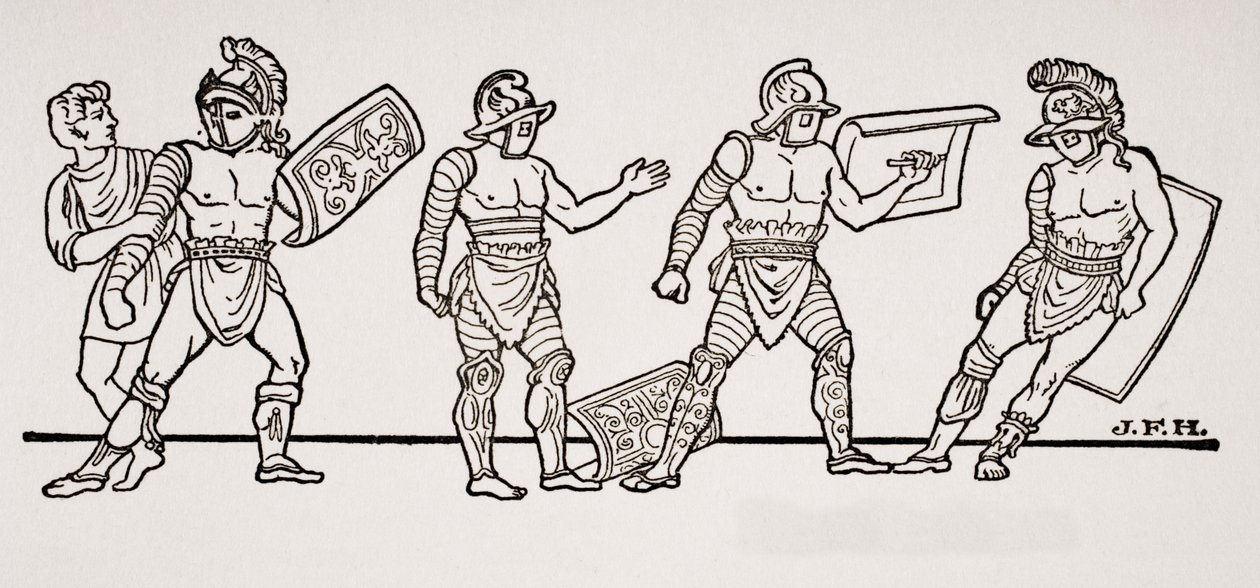 Gladiators, from a Wall Painting at Pompei, Illustration from The Outline of History by H.G. Wells, Volume I, Published in 1820 by English School
