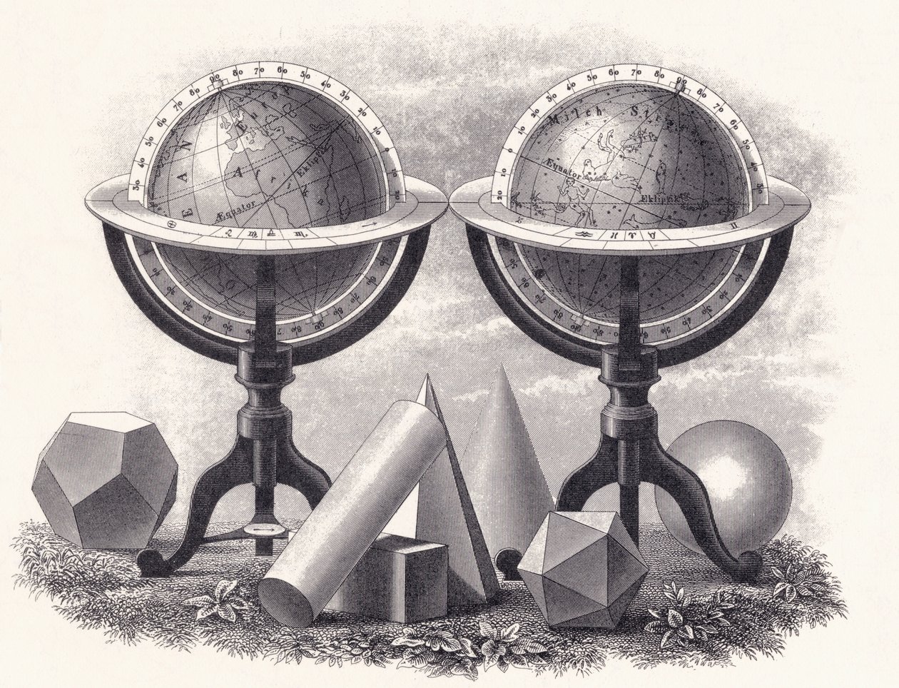 Globes of the Earth and the Heavens with Geometrical Forms by English School