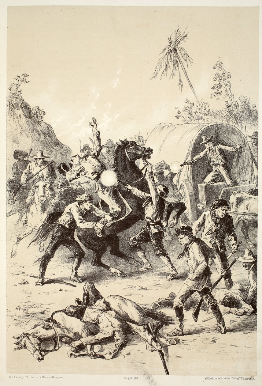Gold escort attacked by Bush Rangers, from The History of Australasia by David Blair, 1879 by English School