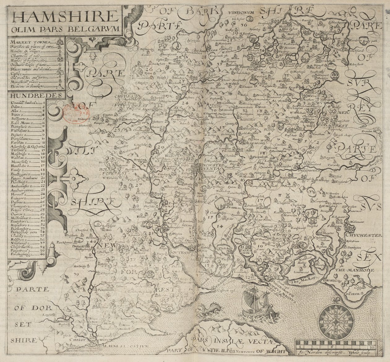 Hamshire, olim pars Belgarum. J. Norden descripsit. W. Hole sculp., from Camden