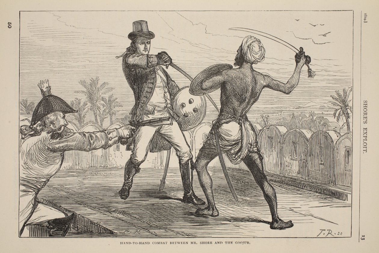 Hand-to-hand combat between Mr. Shore and the Goojur, illustration from Cassell