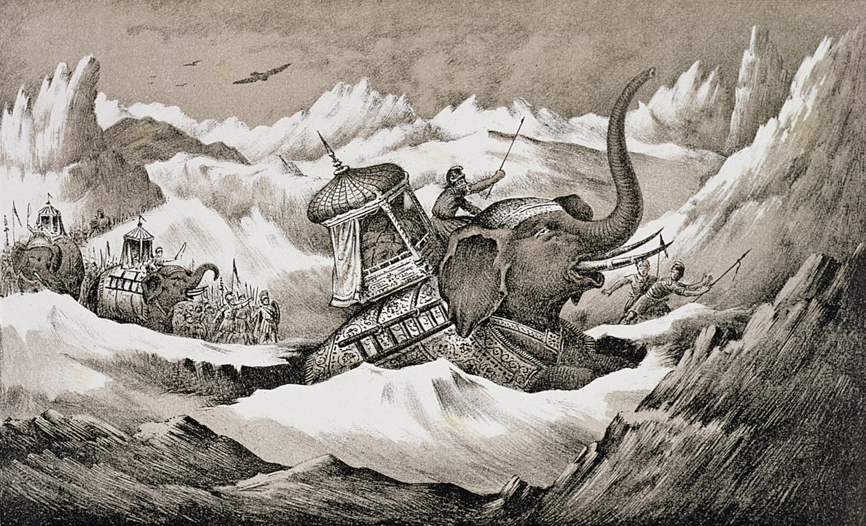 Hannibal and his war elephants crossing the Alps by English School