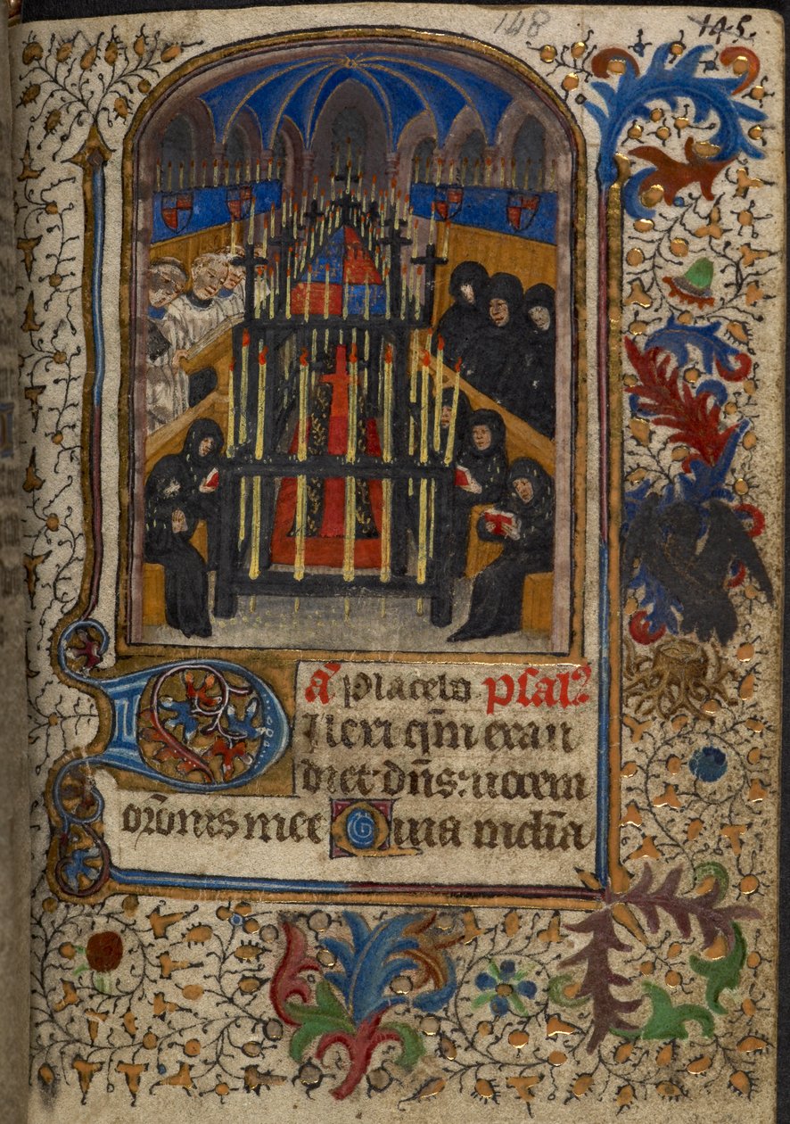A funeral service with the coffin covered by the arms of John, Duke of Bedford, from the 