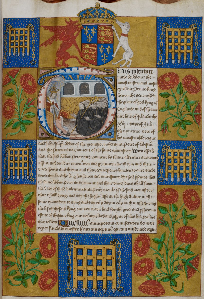 Henry VII presenting the indenture to John Islip, Abbot of Westminster Abbey, Indentures of Westminster Abbey by English School