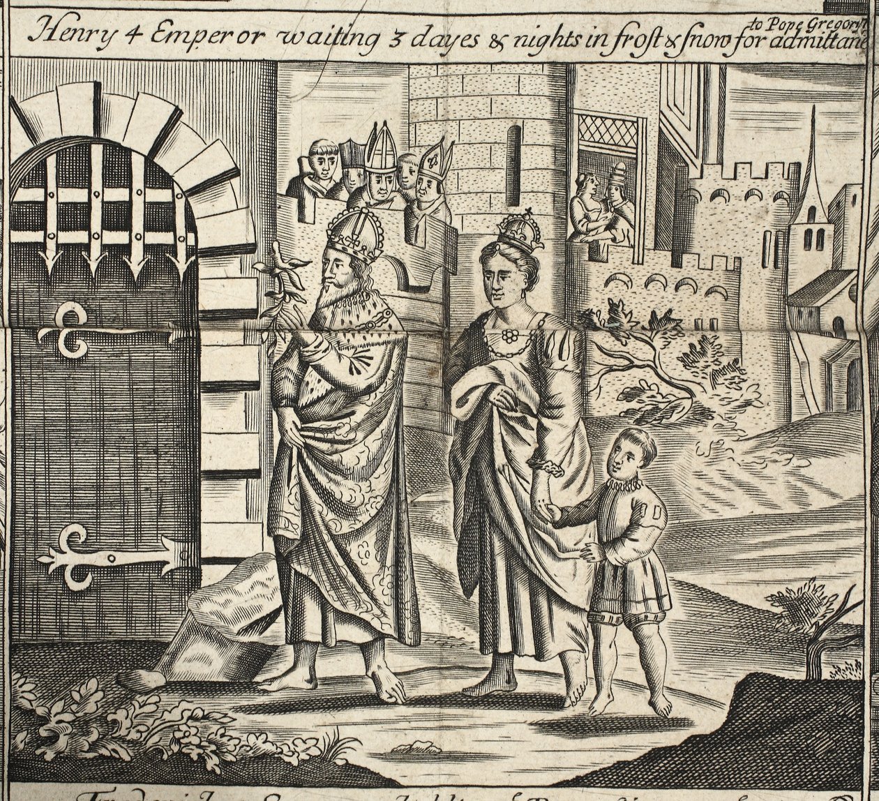 Henry 4 Emperor waiting 3 days and nights in frost & snow for admittance to Pope Gregory, illustration from Acts and Monuments by John Foxe, ninth edition, pub. 1684 by English School