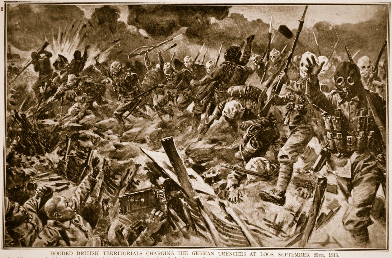 Hooded British Territorials Charging the German Trenches at Loos, September 25th, 1915, 1914-19 by English School