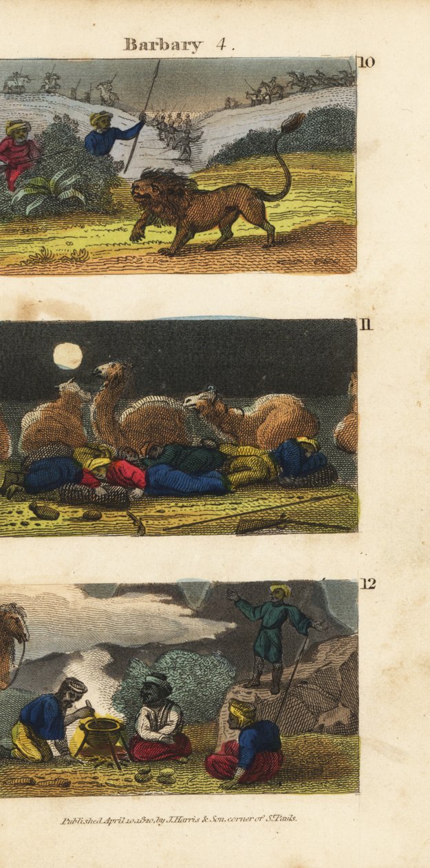 Hunting Lions in the Barbary States, Camels and Drivers Sleeping in the Desert, and Arabs Inviting Travellers to Dine by English School
