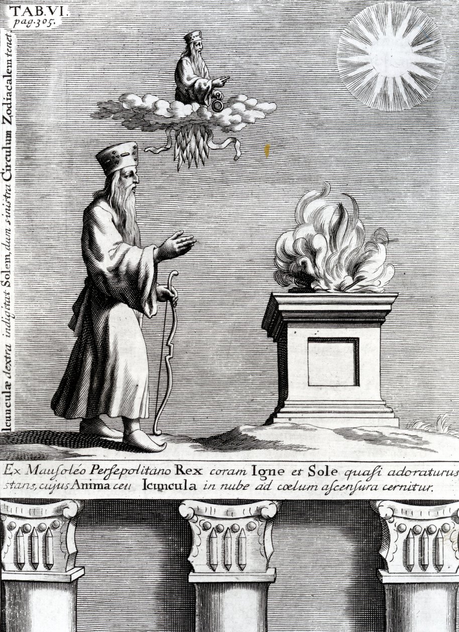 Illustration of Zoroaster worshipping fire and the sun by English School