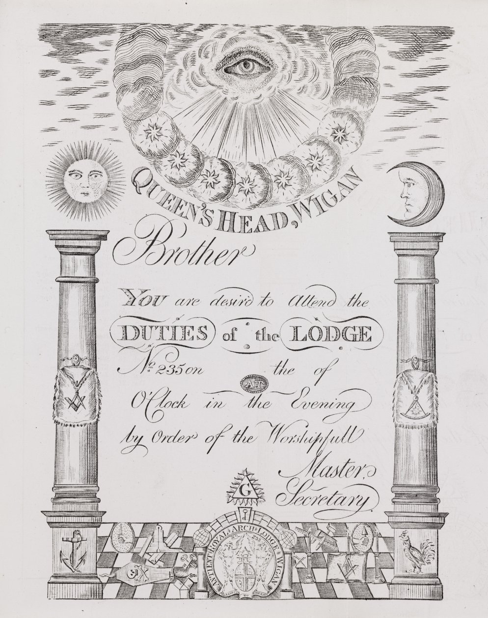 Invitation to attend a Masonic lodge meeting in Wigan by English School