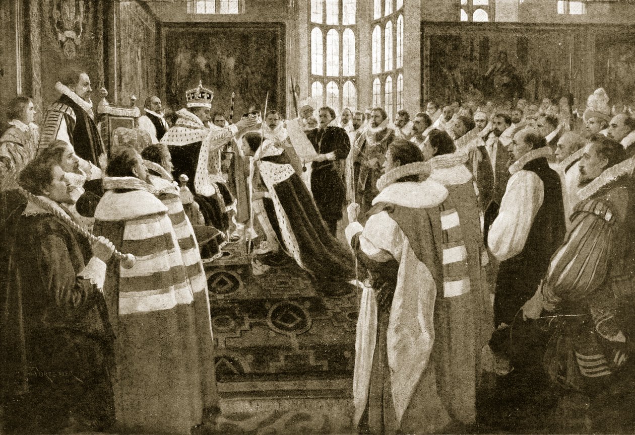 James I invests his son Charles as Prince of Wales, 1616, illustration from Hutchinson