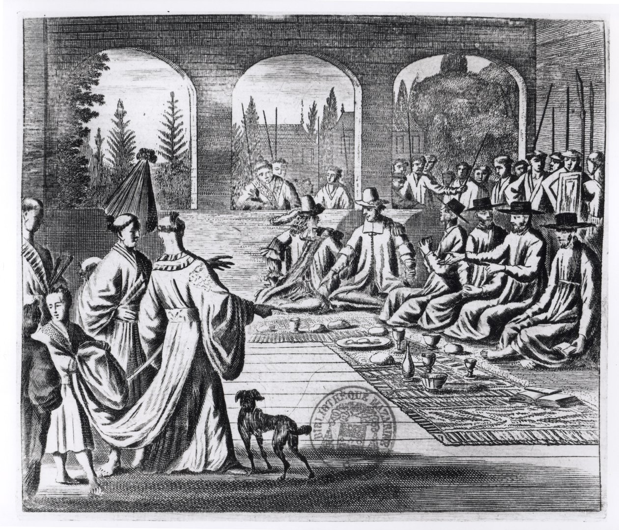 Jesuits with Dutch and Portuguese merchants at the court of the Japanese Emperor, illustration from A Memorable Embassy to the Emperor of Japan by Arnold Montanus, published in London 1670 by English School