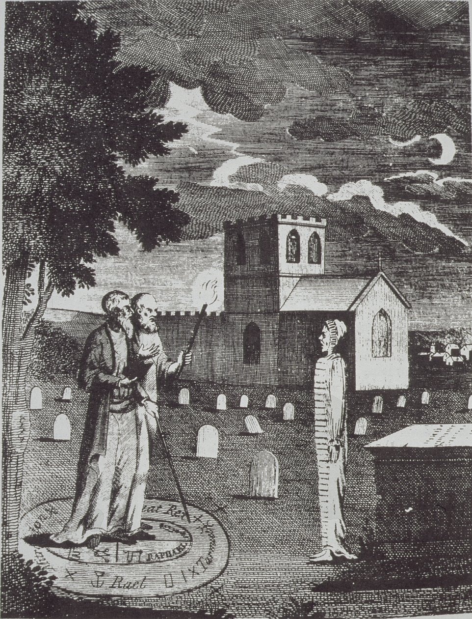 John Dee and Edward Kelly summoning the Dead, from a History of Magic, published late 19th century by English School