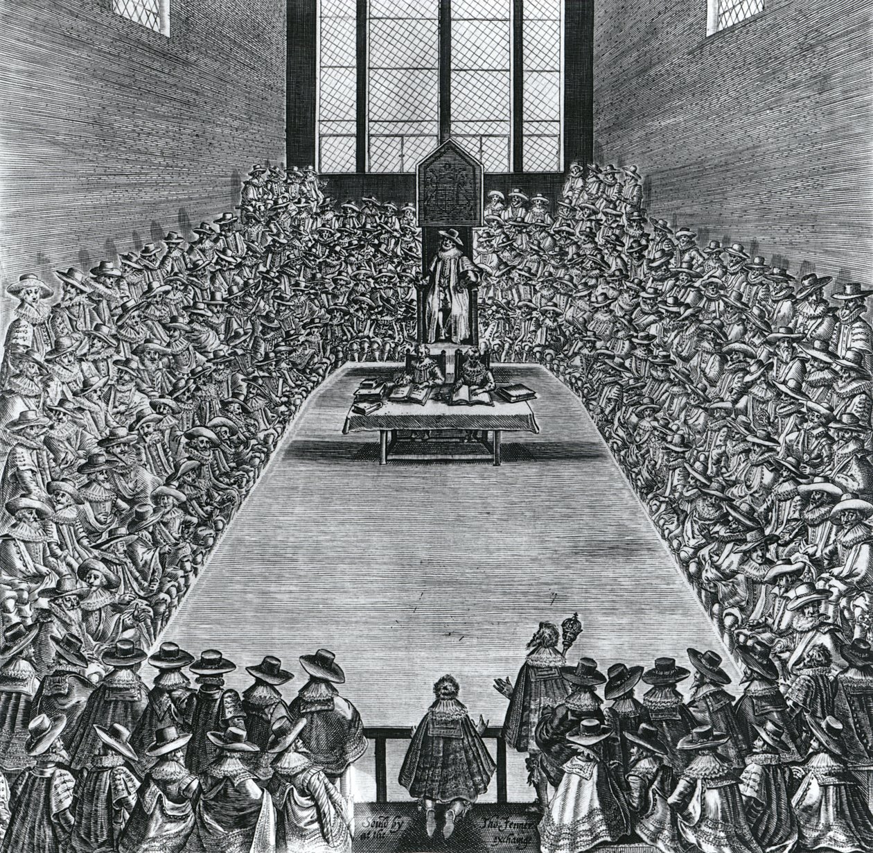 King James I (1566-1625) in the Houses of Parliament, 1624 by English School