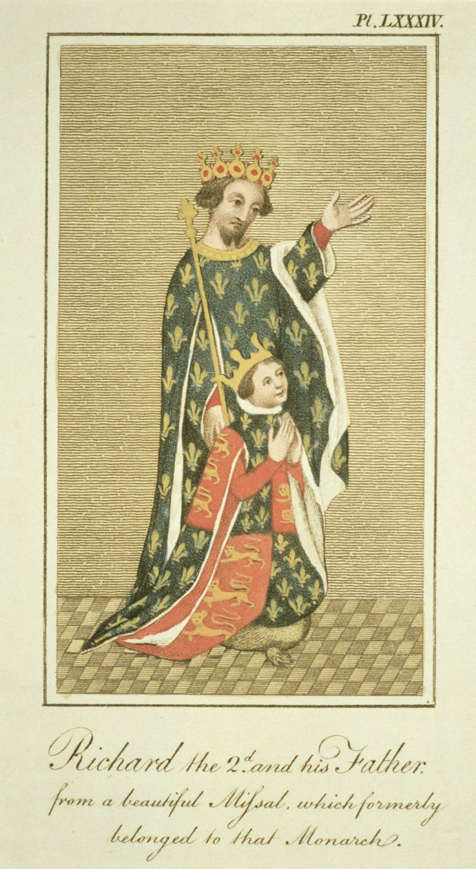 King Richard II with his Father Edward the Black Prince, Illustration from The Complete View of the Dress and Habits of the People of England Volume II, published 1799 by English School