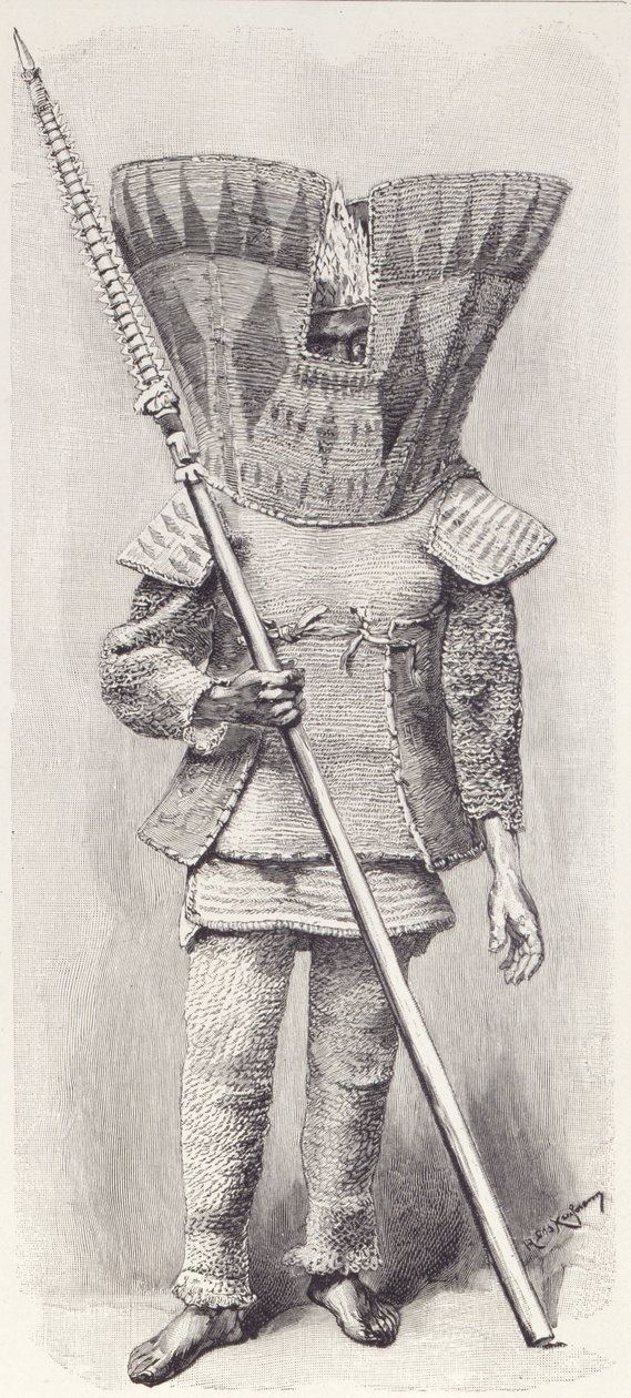 Kingsmill Islander in full armour, from The History of Mankind, Vol.1, by Prof. Friedrich Ratzel, 1896 by English School