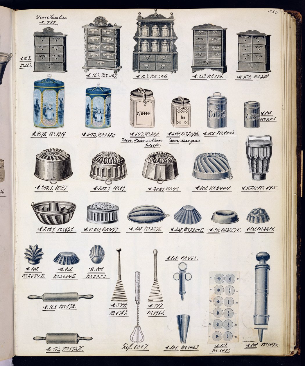Kitchen storage and utensils from a trade catalogue of domestic goods and fittings, c.1890-1910 by English School