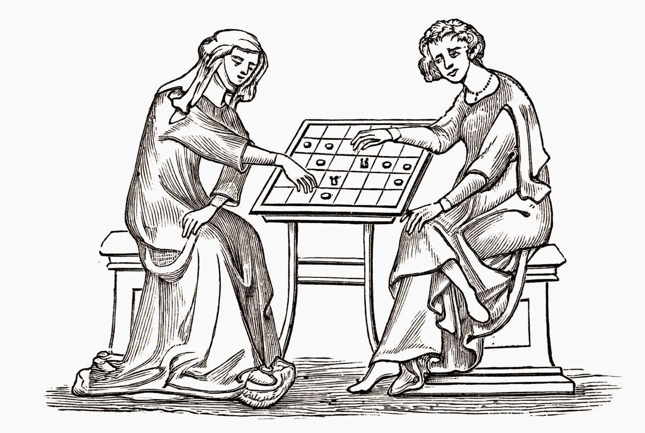 Lady and youth playing draughts, or checkers, in the early 14th century by English School