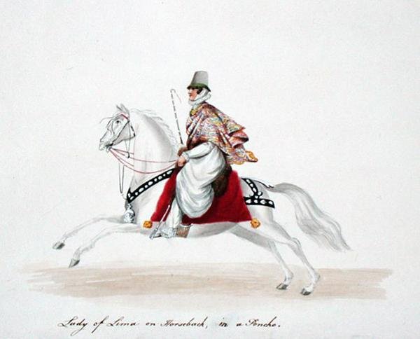 Lady of Lima on Horseback in a Poncho by English School