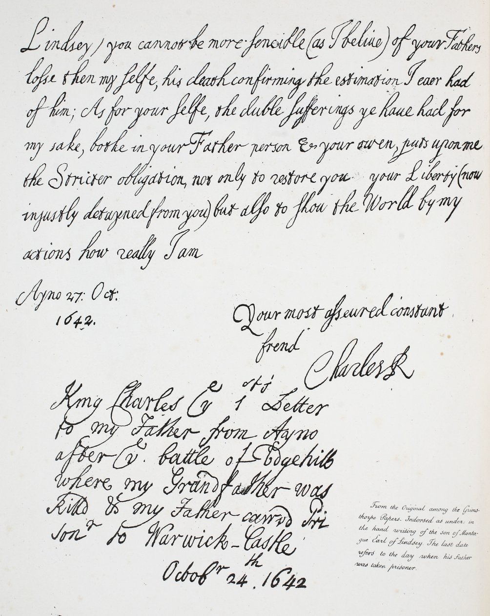 Letter from Charles II to Montague, Earl of Lindsey, 27th October 1642 by English School
