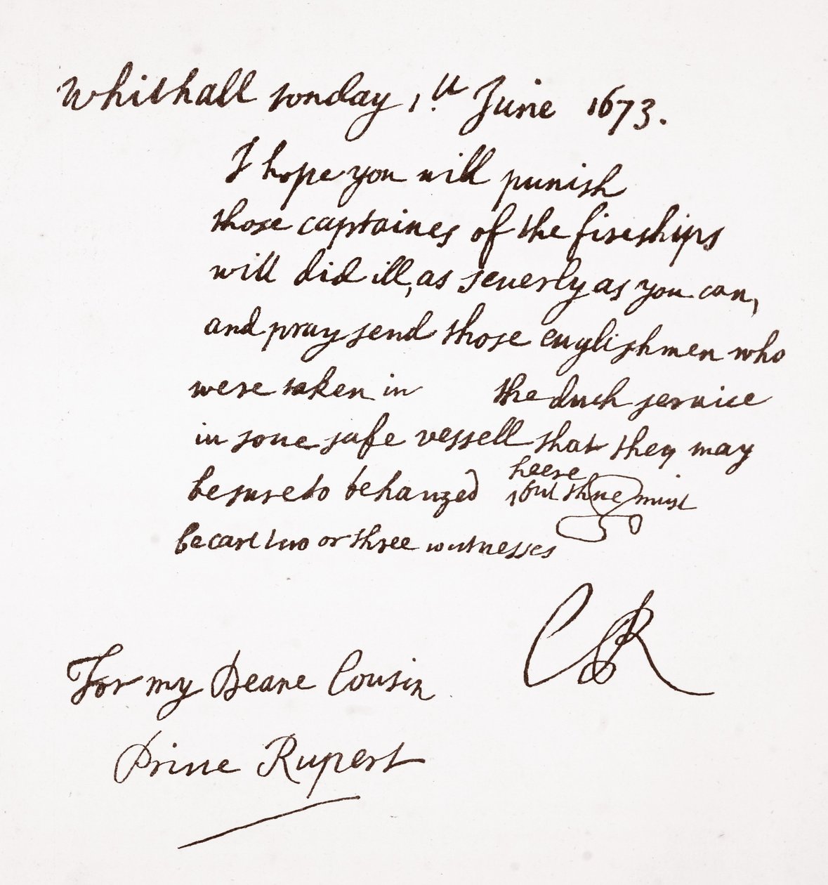 Letter from Charles II to Prince Rupert, 1st June 1673 by English School