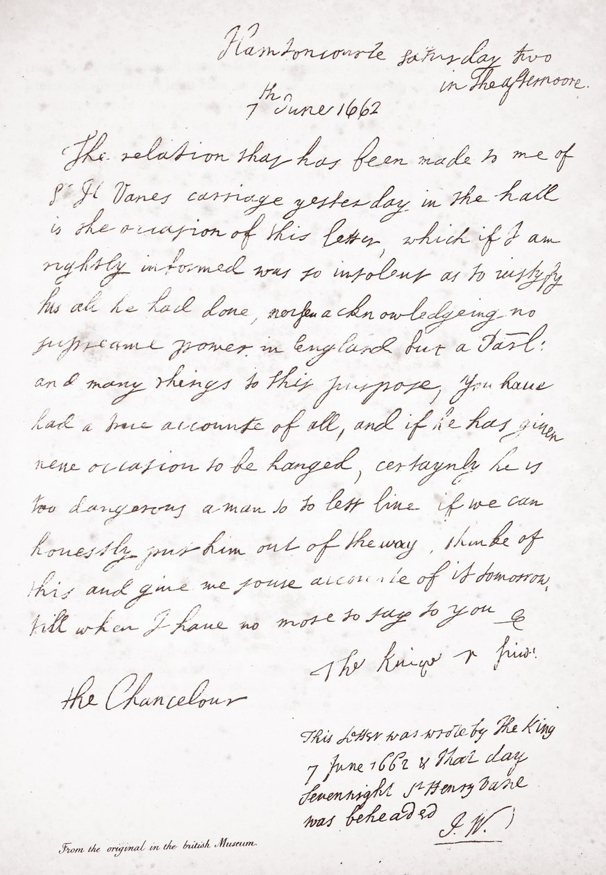 Letter from Charles II to the Chancellor Lord Clarendon, 7th June 1662 by English School