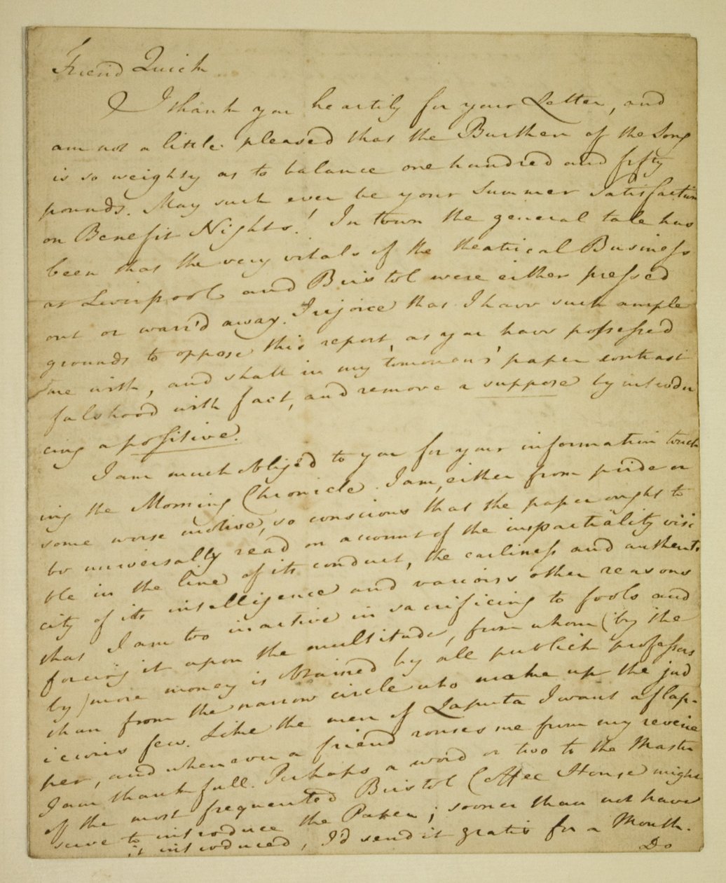Letter from William Woodfall to the actor John Quick regarding John Henderson