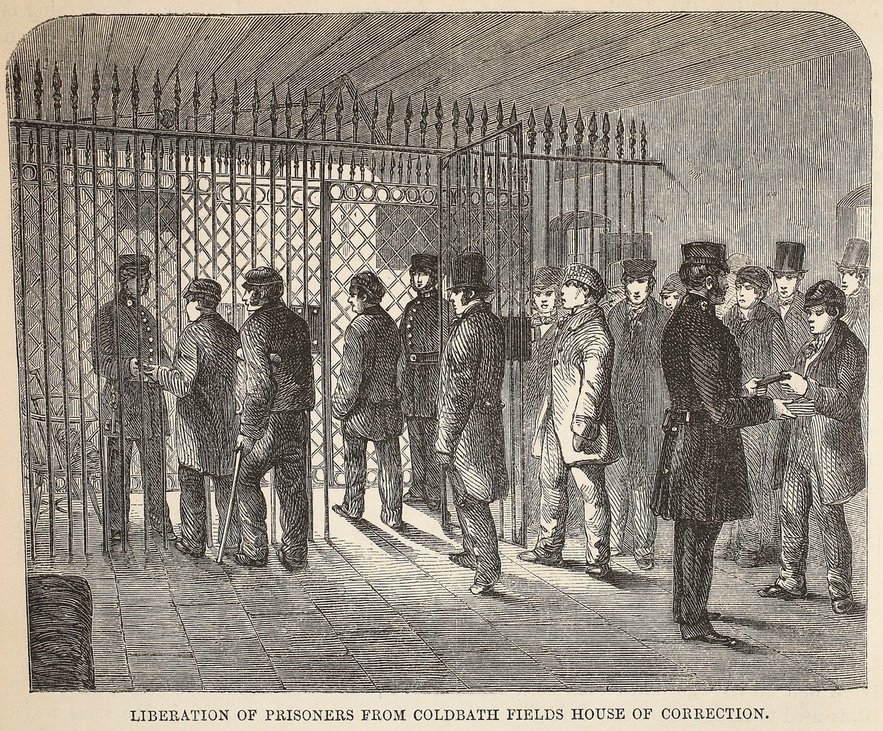 Liberation of prisoners from Coldbath Fields House of Correction, illustration from The Criminal Prisons of London and Scenes from Prison Life by Henry Mayhew and John Binny, pub. 1862 by English School