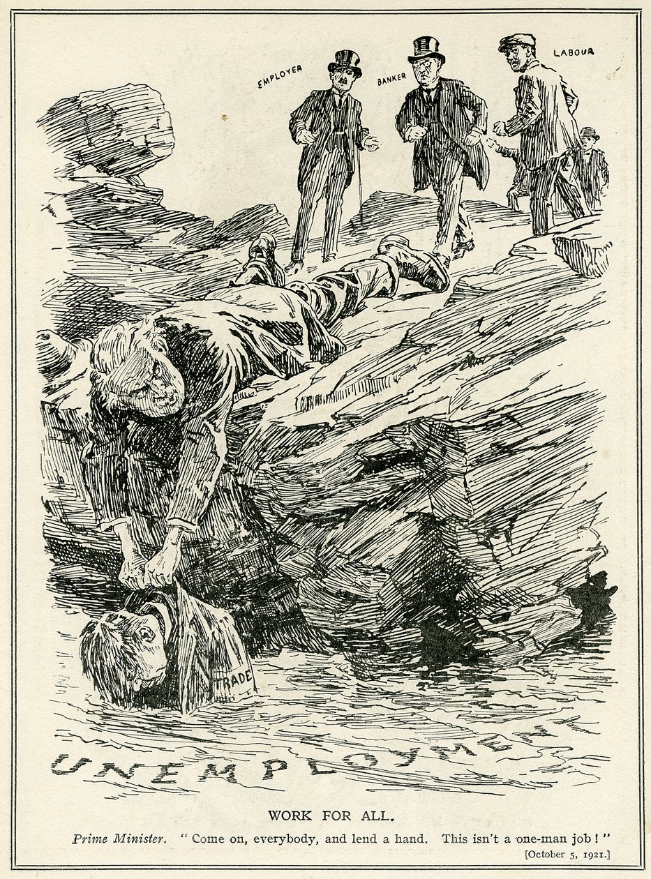 Lloyd George telling employers, bankers and labour to cooperate to defeat unemployment, 1921 by English School